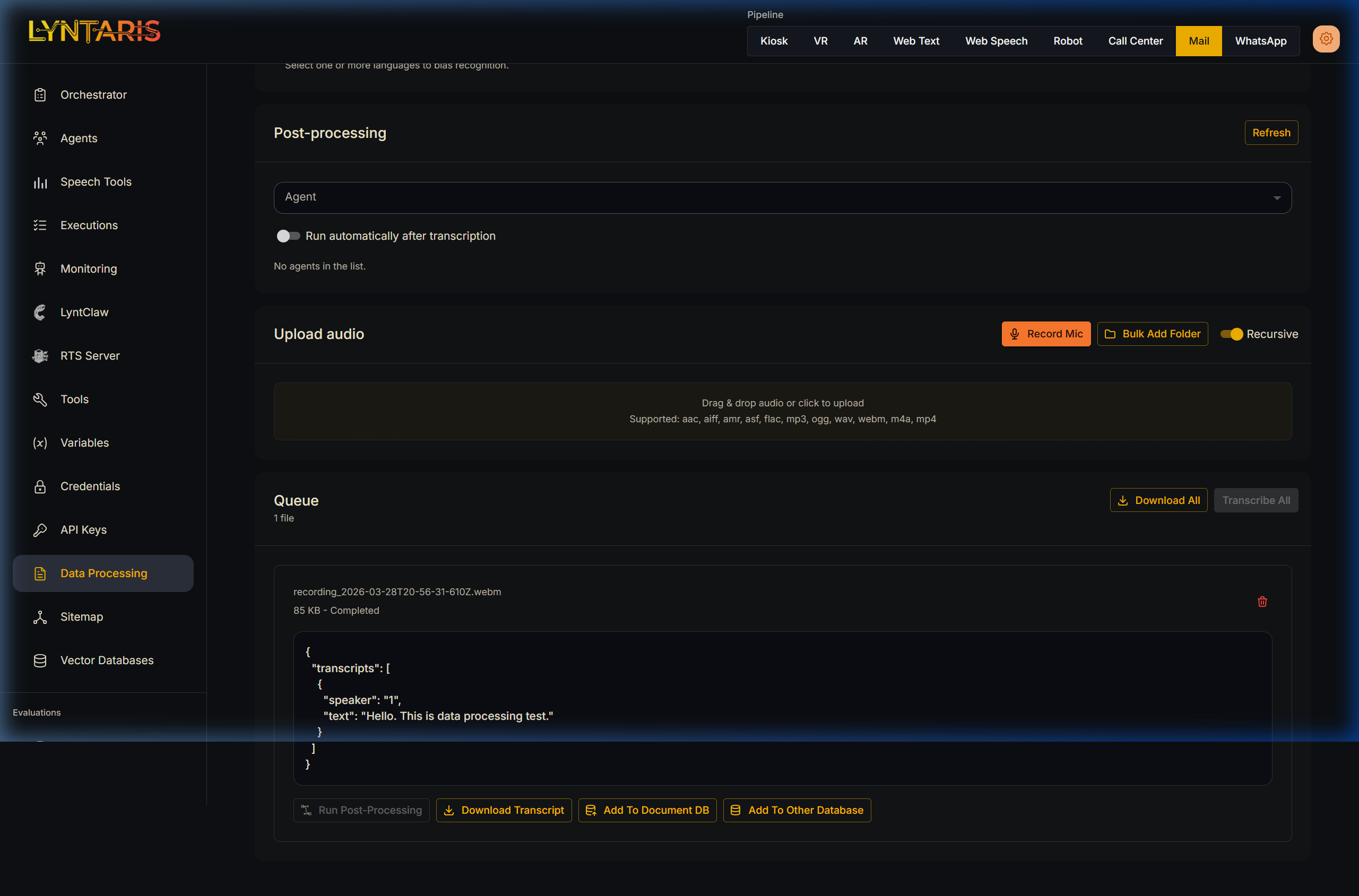 Lyntaris Transcripts Interface