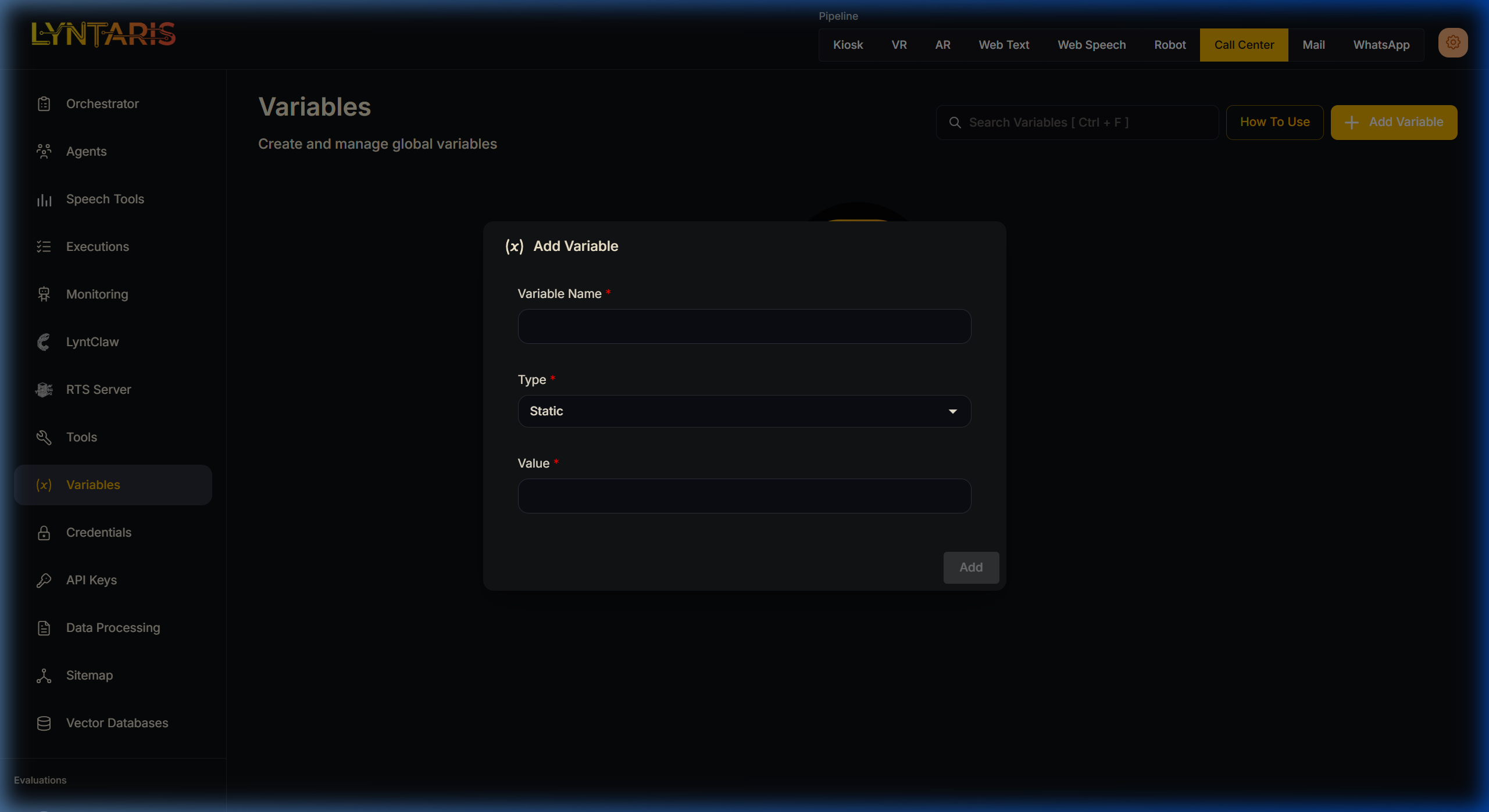 Variables Creation Interface