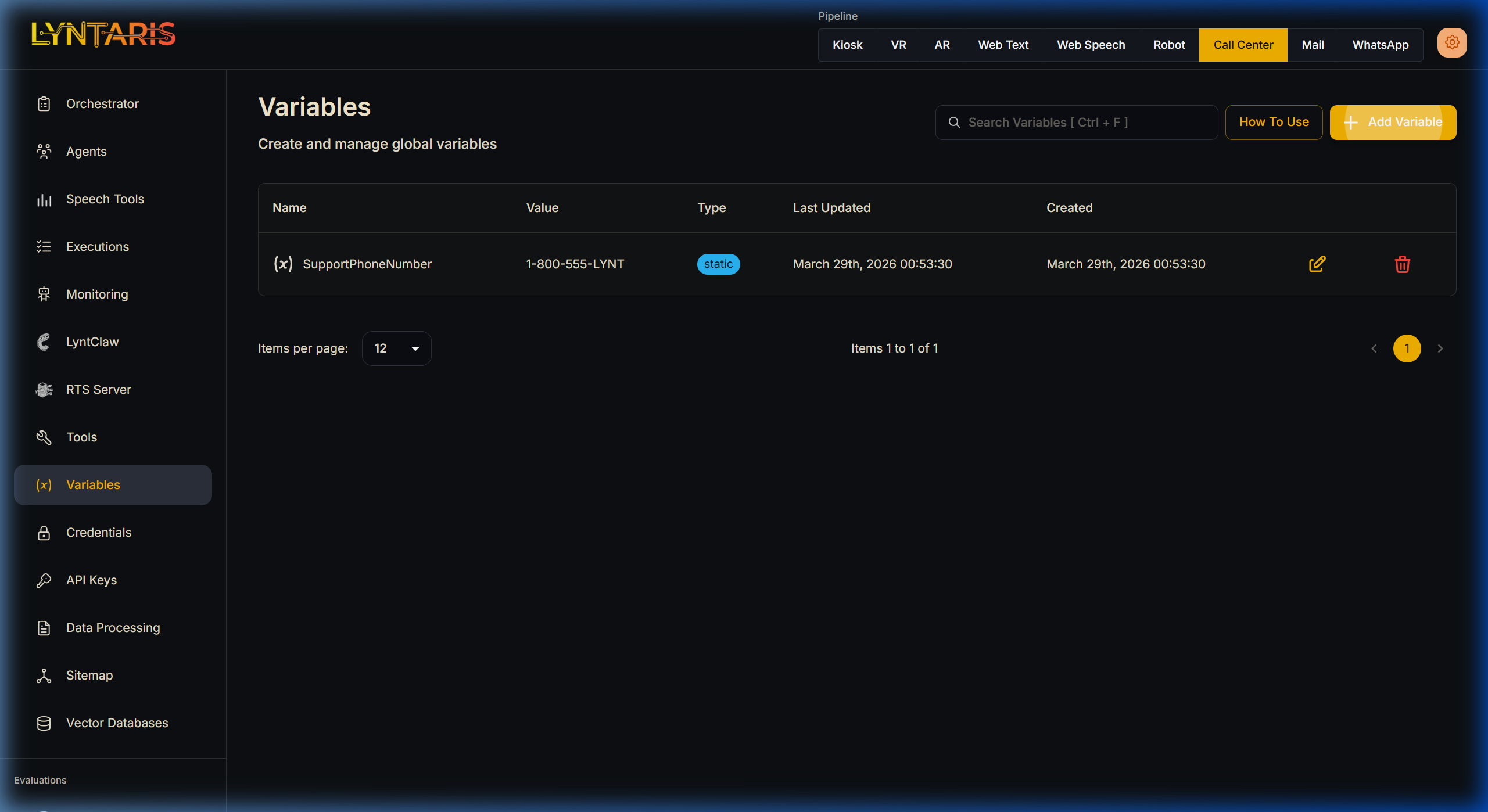 Variables Pipeline Interface